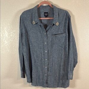 GAP Chambray Linen Blend Studded Bling Button Down Shirt Size XXL